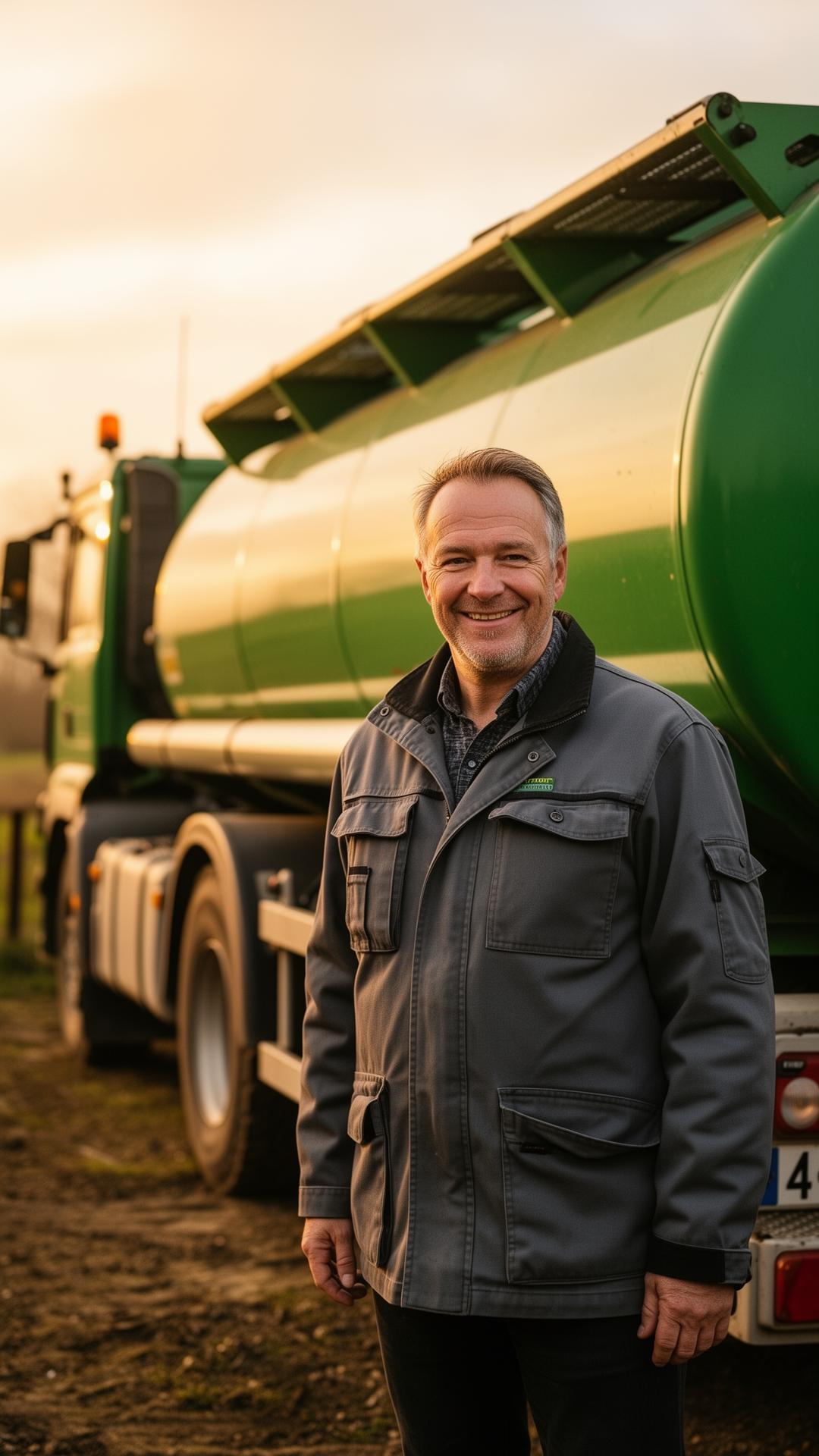 De ondernemer van Vlerk naast een groene tankwagen